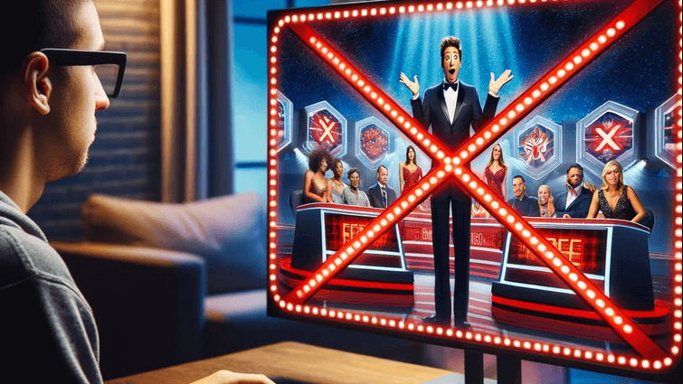 Mann sitzt vor einem Computerbildschirm mit einer durchgestrichenen Online-Spielshow