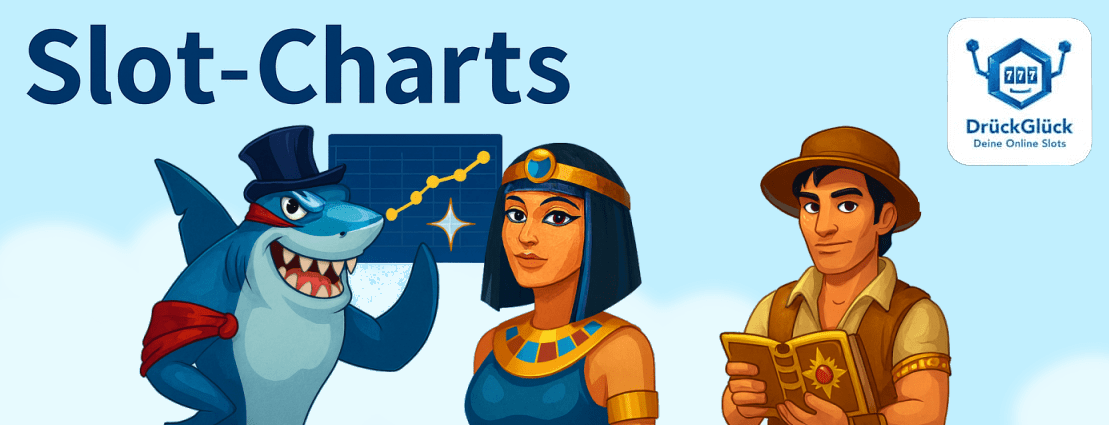 Slot-Charts Schrift auf blauem Hintergrund mit Slot-Figuren und DrückGlück-Logo.