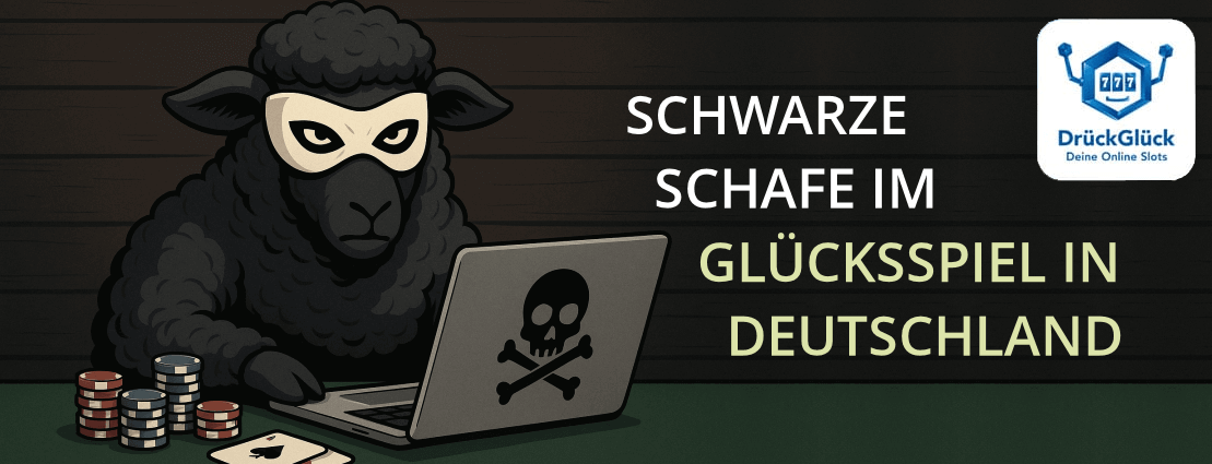 Schwarzes Schaf mit Maske am Laptop - Symbol für illegale Anbieter im Glücksspiel in Deutschland