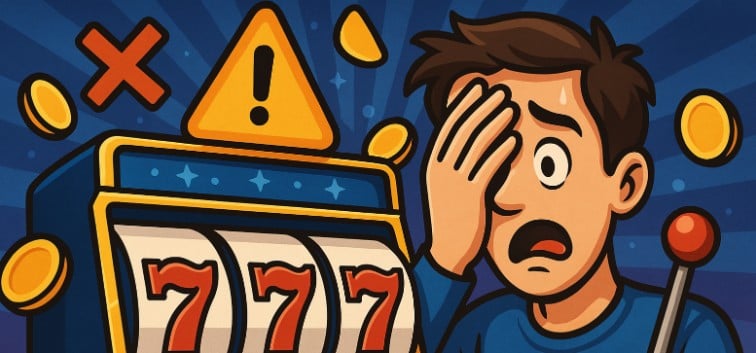 Besorgter Spieler vor Slotmaschine (777) mit Warnsymbol und Münzen