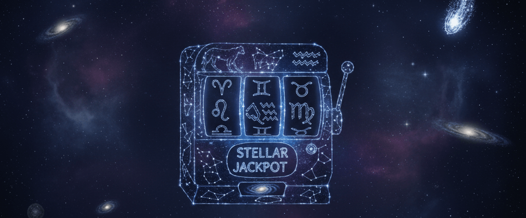 Leuchtender Slotautomat mit Sternzeichen-Symbolen, der aus Sternen im Weltraum gebildet ist - Thema: Stellar Jackpot