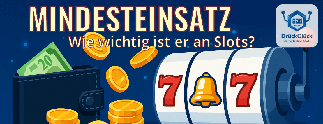 Grafik: Mindesteinsatz an Slots – Geldbörse, Münzen und Slotwalze mit 7-7-Klingel, DrückGlück-Logo